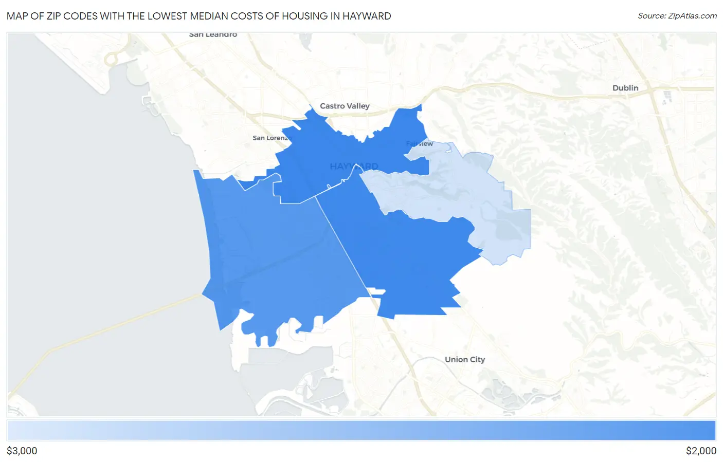 Zip Codes with the Lowest Median Costs of Housing in Hayward Map