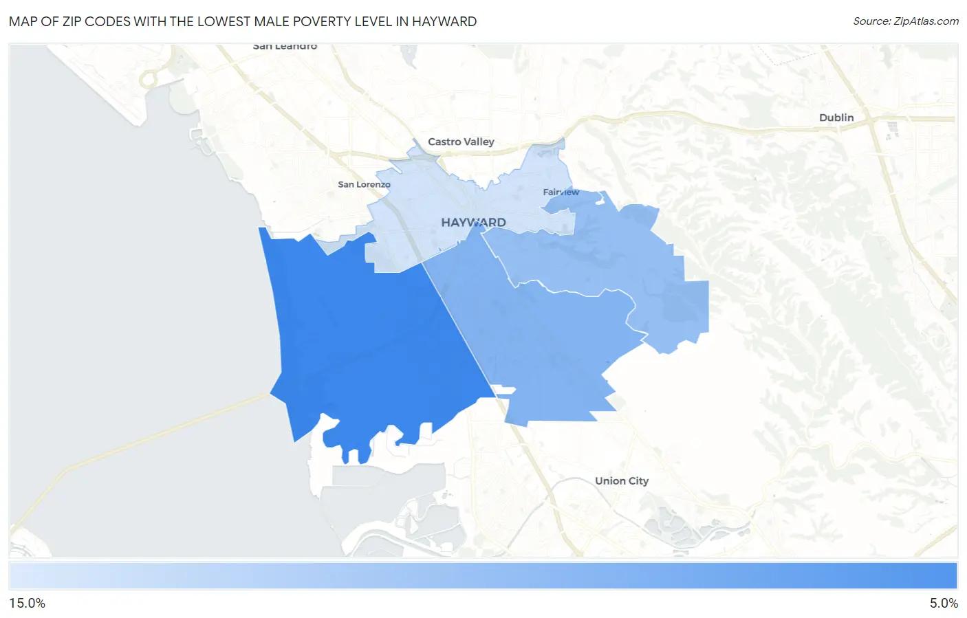 Zip Codes with the Lowest Male Poverty Level in Hayward Map