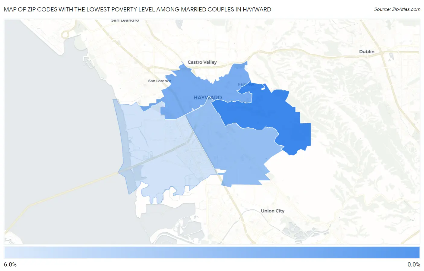 Zip Codes with the Lowest Poverty Level Among Married Couples in Hayward Map
