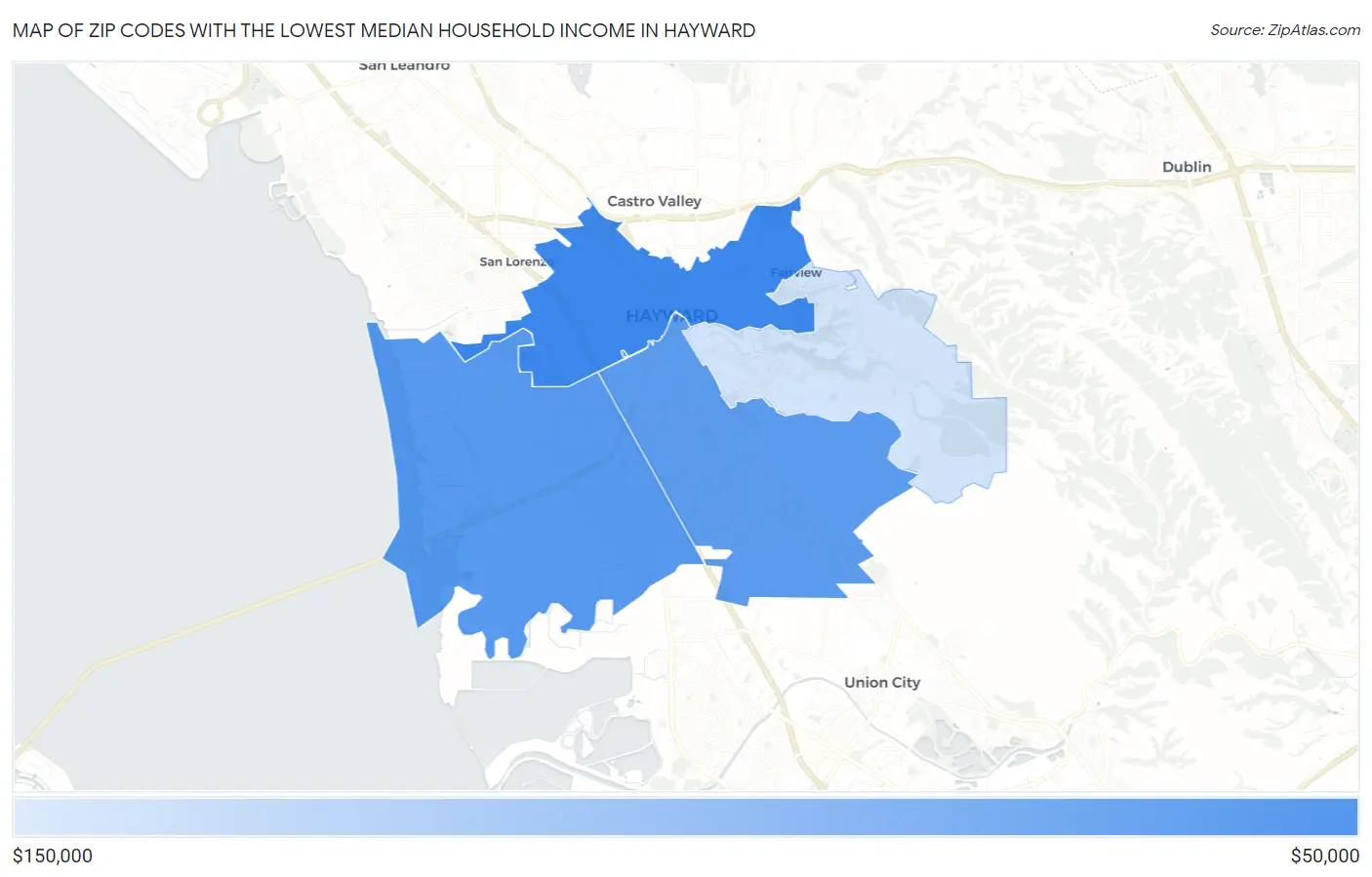 Zip Codes with the Lowest Median Household Income in Hayward Map