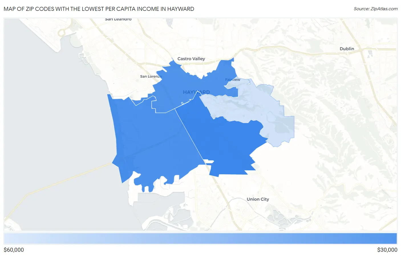 Zip Codes with the Lowest Per Capita Income in Hayward Map