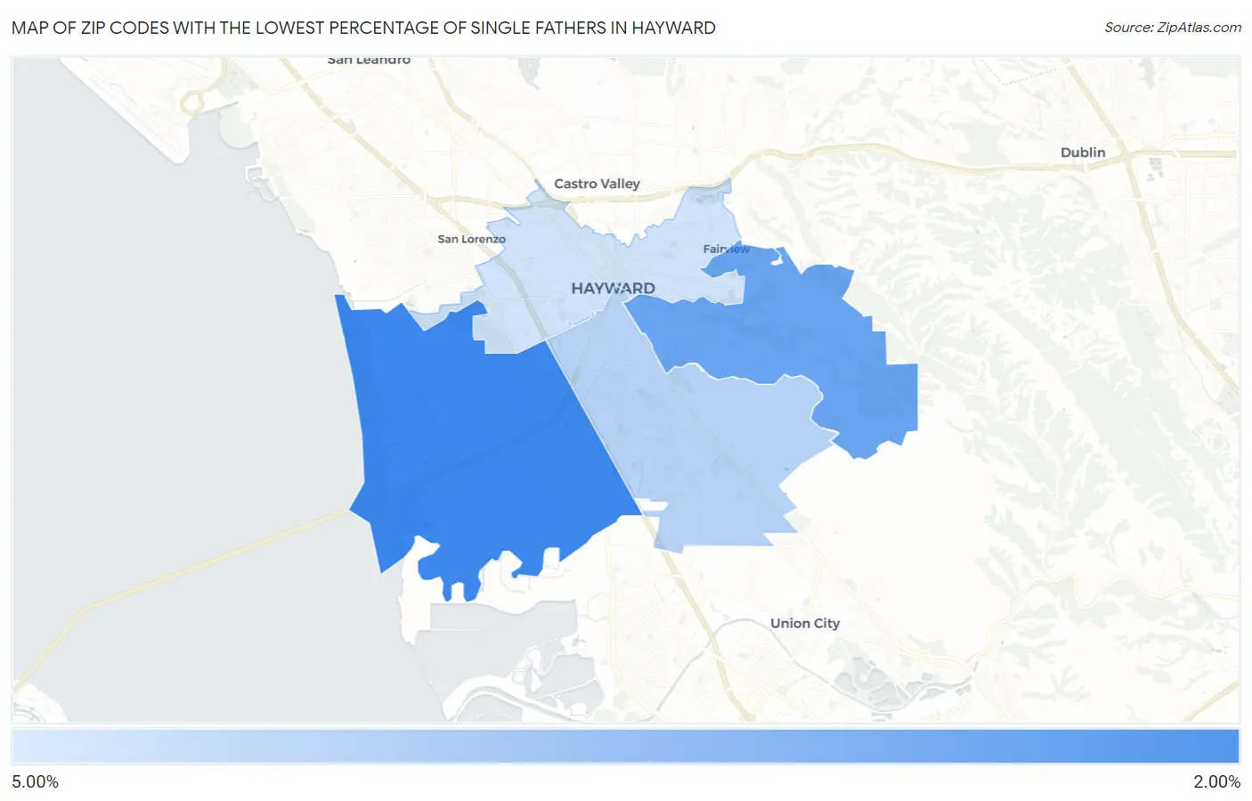 Zip Codes with the Lowest Percentage of Single Fathers in Hayward Map
