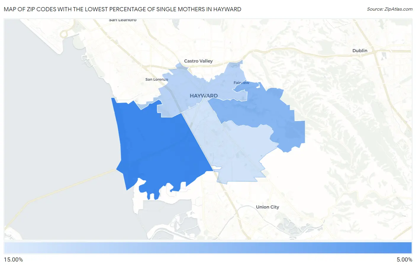 Zip Codes with the Lowest Percentage of Single Mothers in Hayward Map
