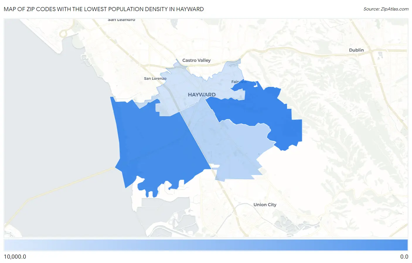 Zip Codes with the Lowest Population Density in Hayward Map