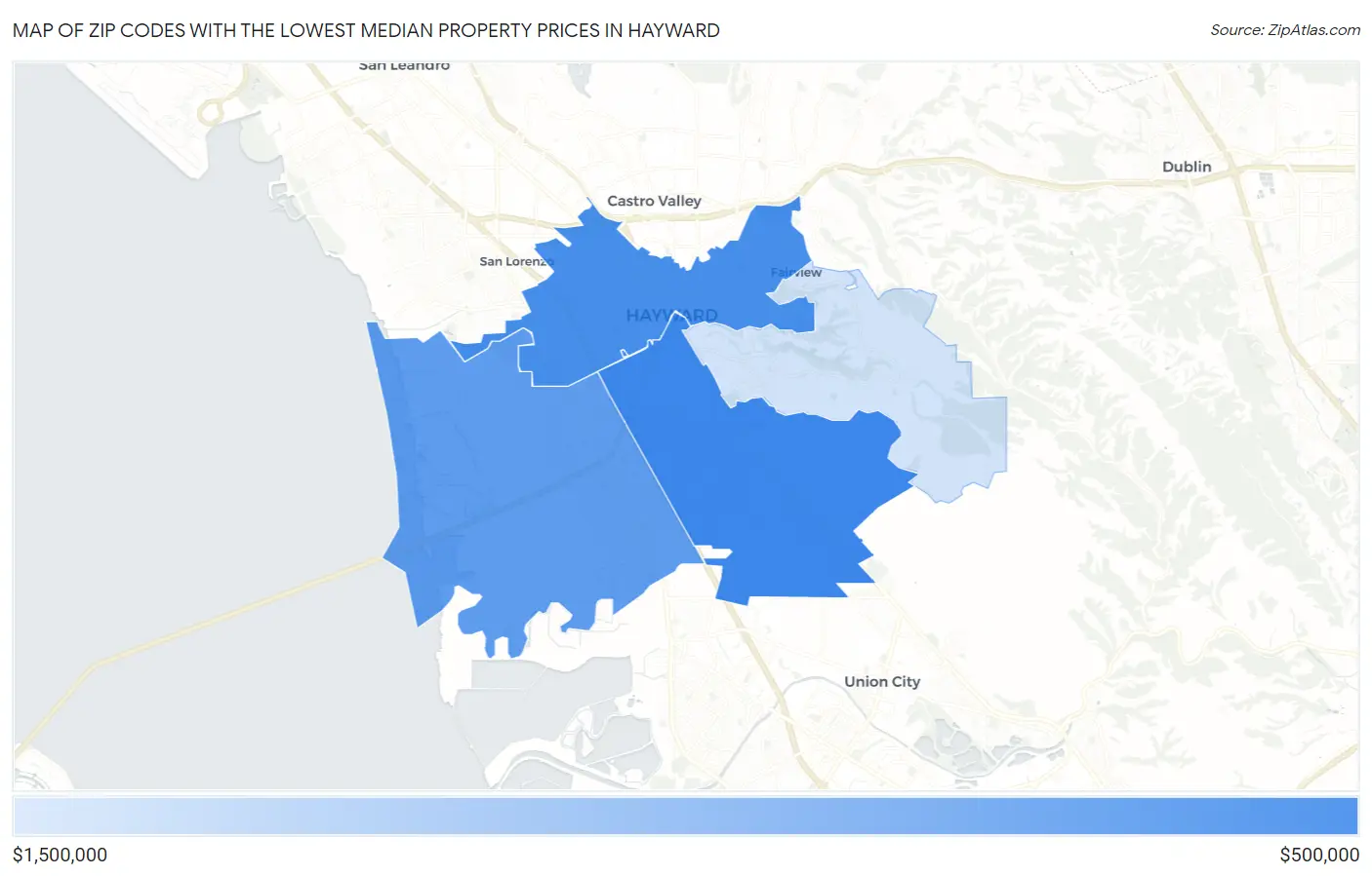 Zip Codes with the Lowest Median Property Prices in Hayward Map