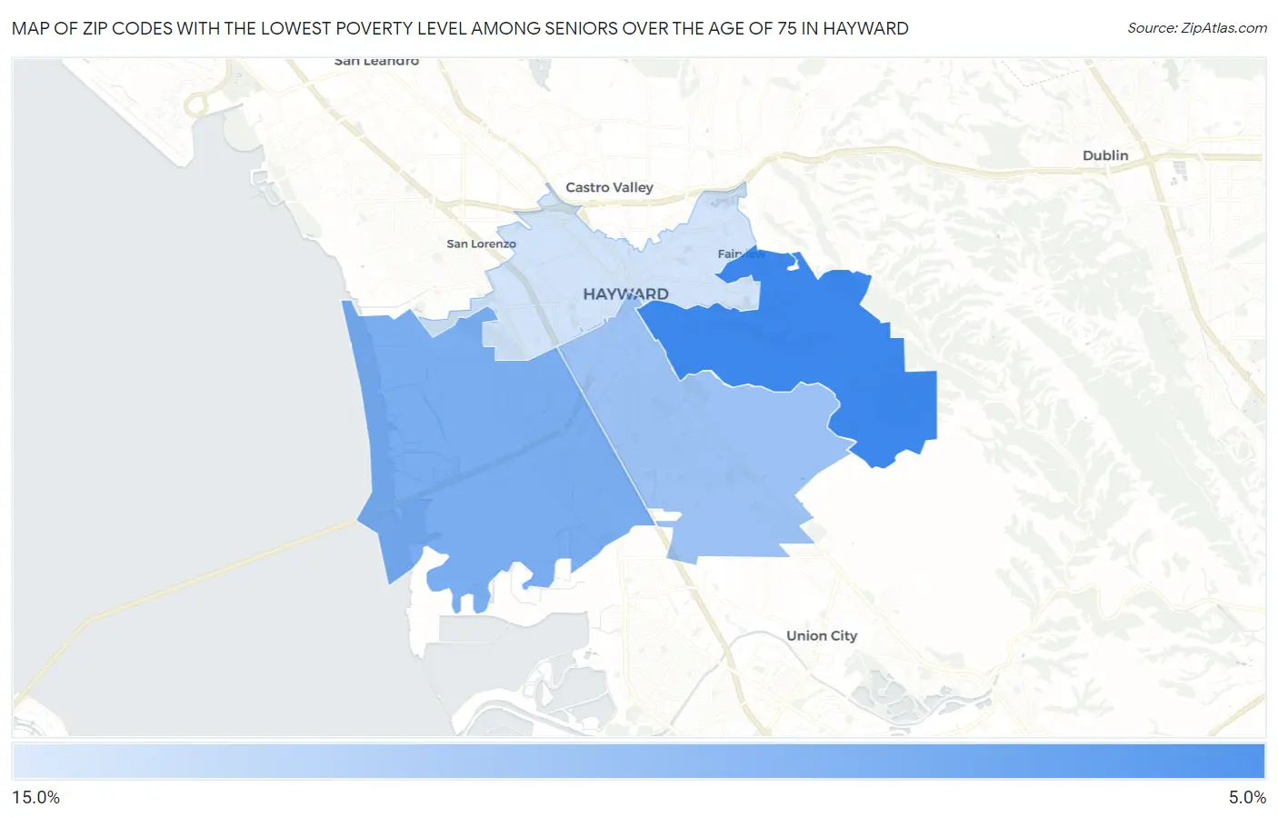 Zip Codes with the Lowest Poverty Level Among Seniors Over the Age of 75 in Hayward Map