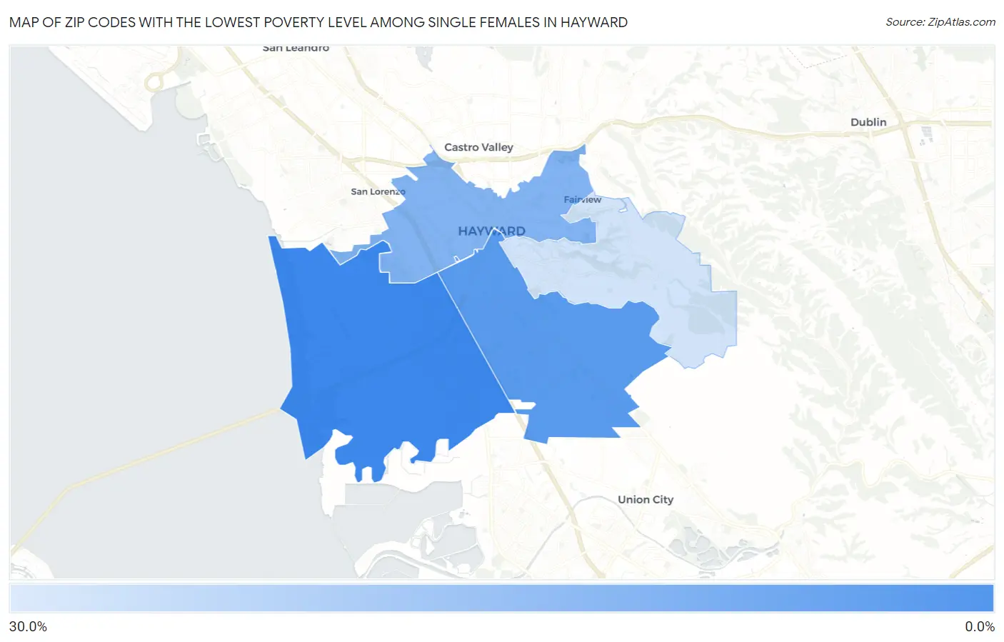 Zip Codes with the Lowest Poverty Level Among Single Females in Hayward Map