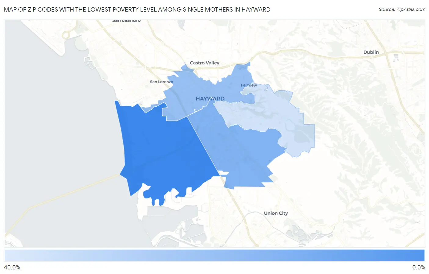 Zip Codes with the Lowest Poverty Level Among Single Mothers in Hayward Map