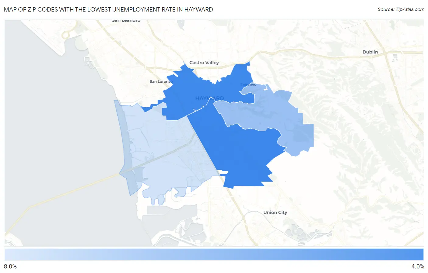 Zip Codes with the Lowest Unemployment Rate in Hayward Map