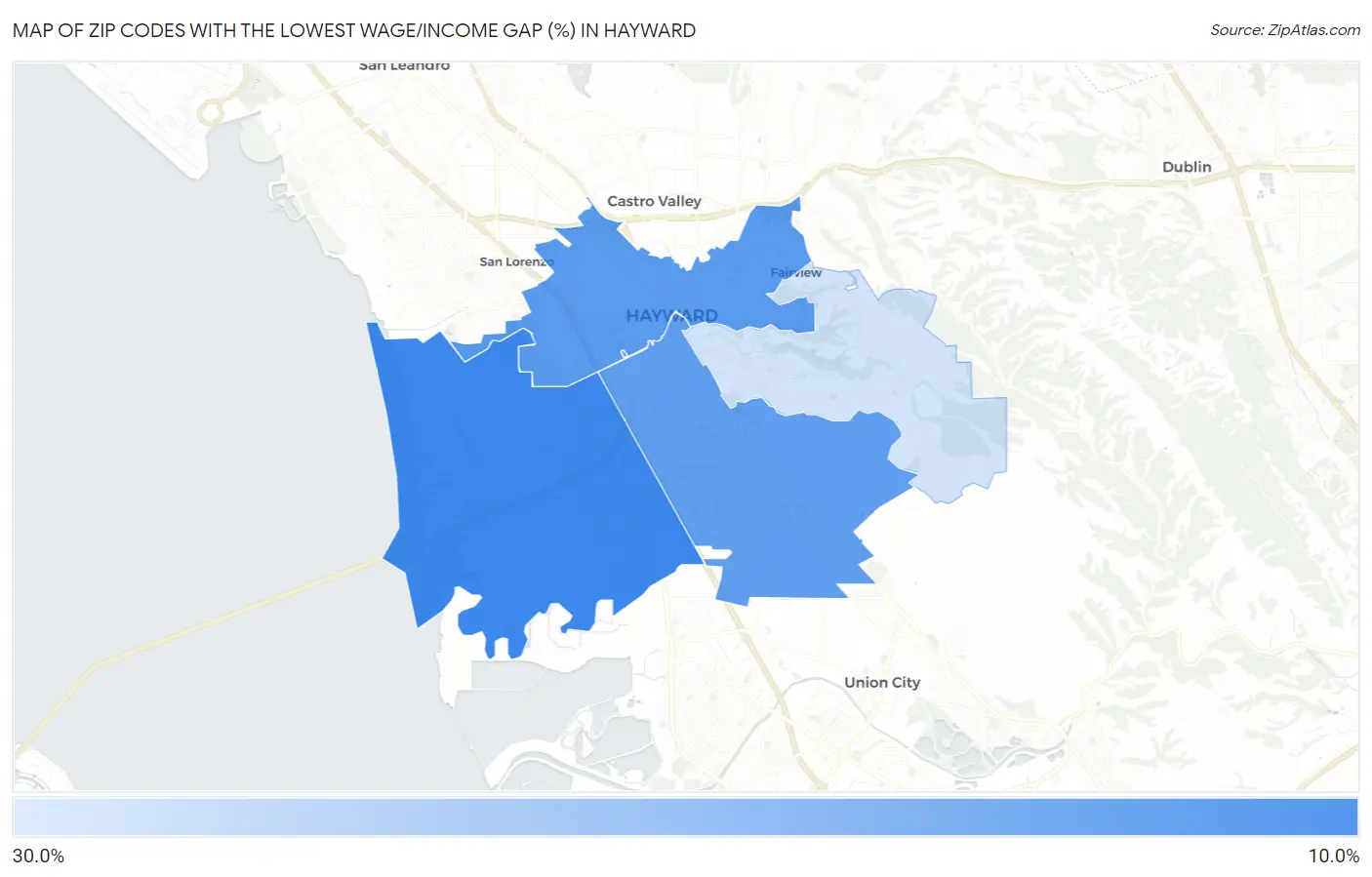 Zip Codes with the Lowest Wage/Income Gap (%) in Hayward Map