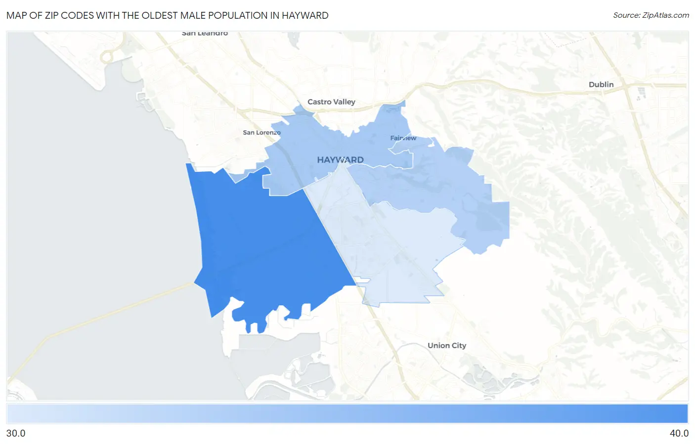 Zip Codes with the Oldest Male Population in Hayward Map