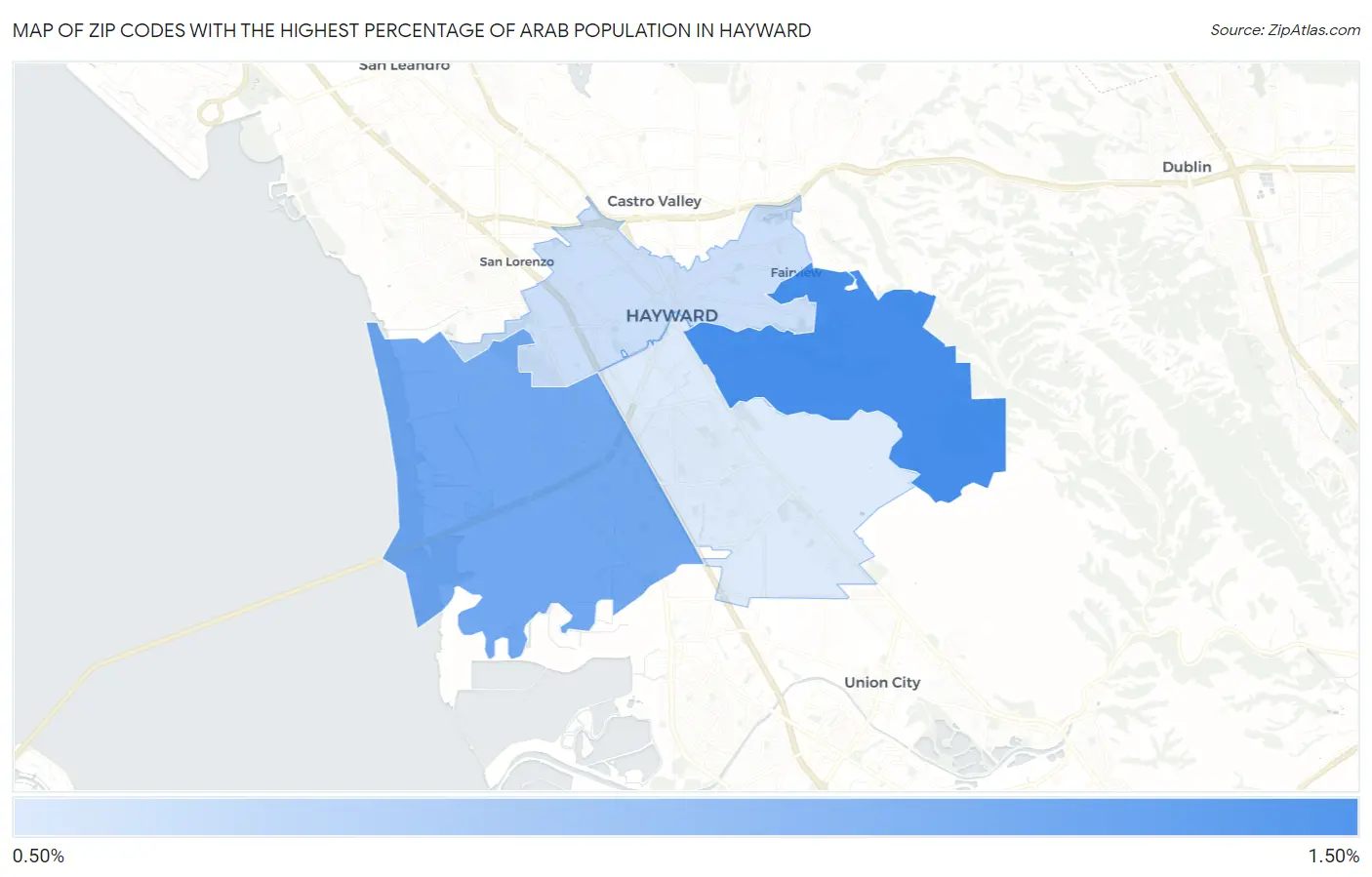 Zip Codes with the Highest Percentage of Arab Population in Hayward Map