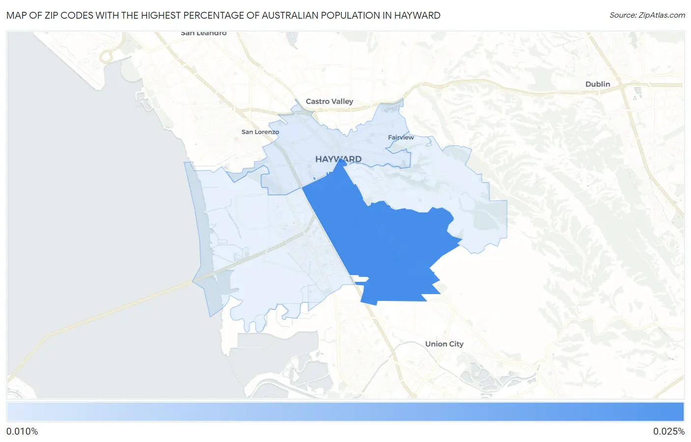 Zip Codes with the Highest Percentage of Australian Population in Hayward Map