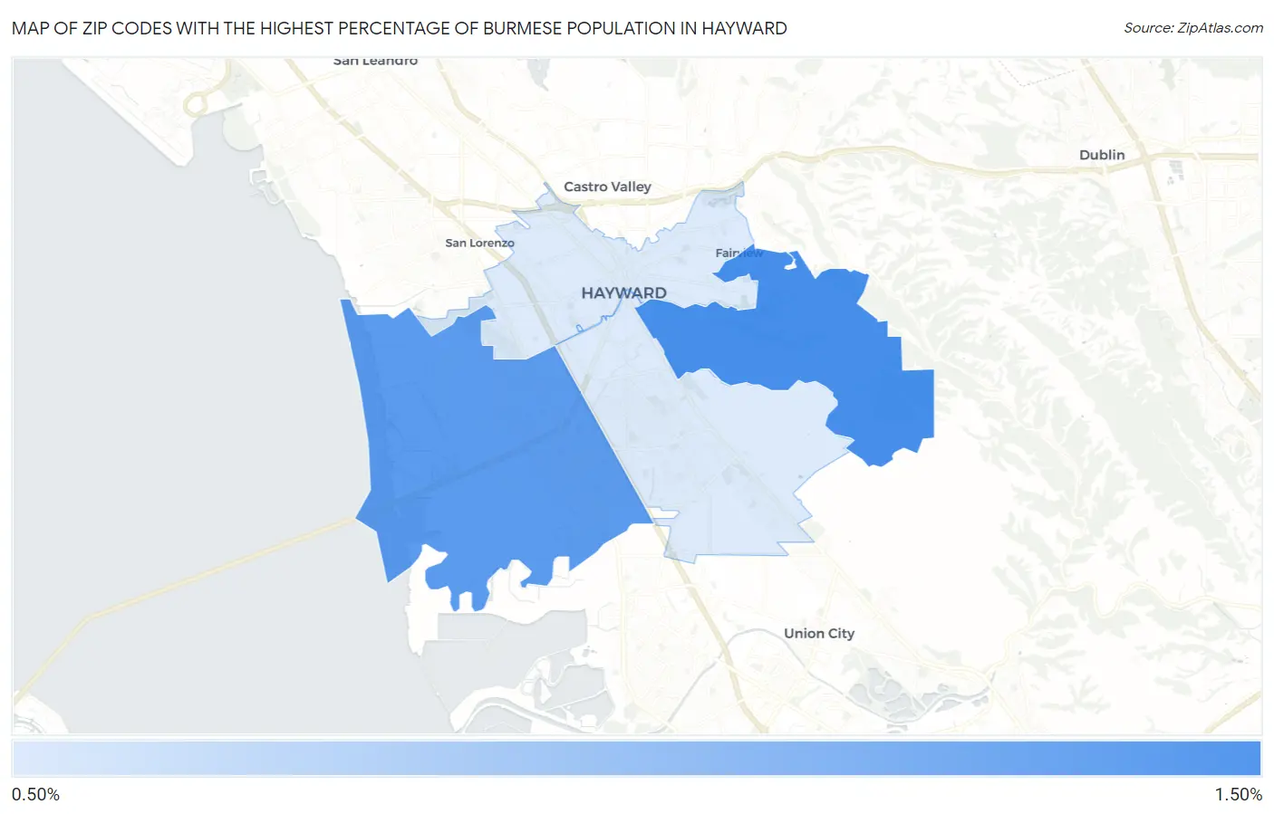 Zip Codes with the Highest Percentage of Burmese Population in Hayward Map