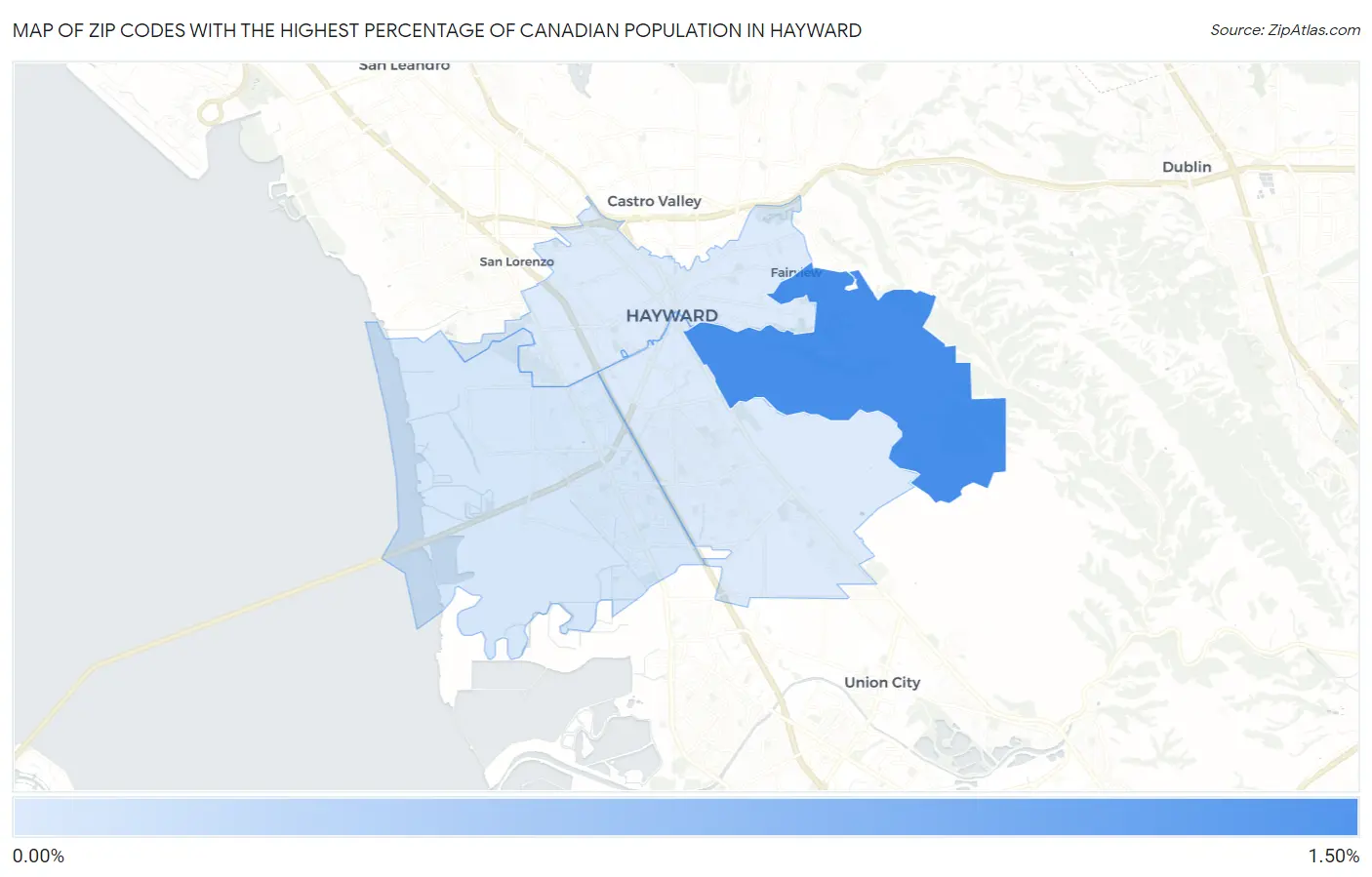 Zip Codes with the Highest Percentage of Canadian Population in Hayward Map