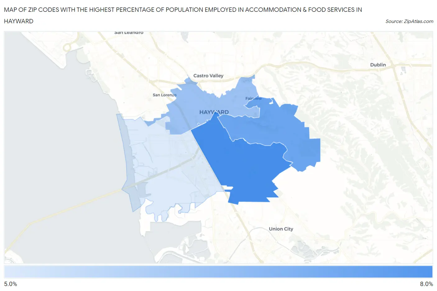 Zip Codes with the Highest Percentage of Population Employed in Accommodation & Food Services in Hayward Map
