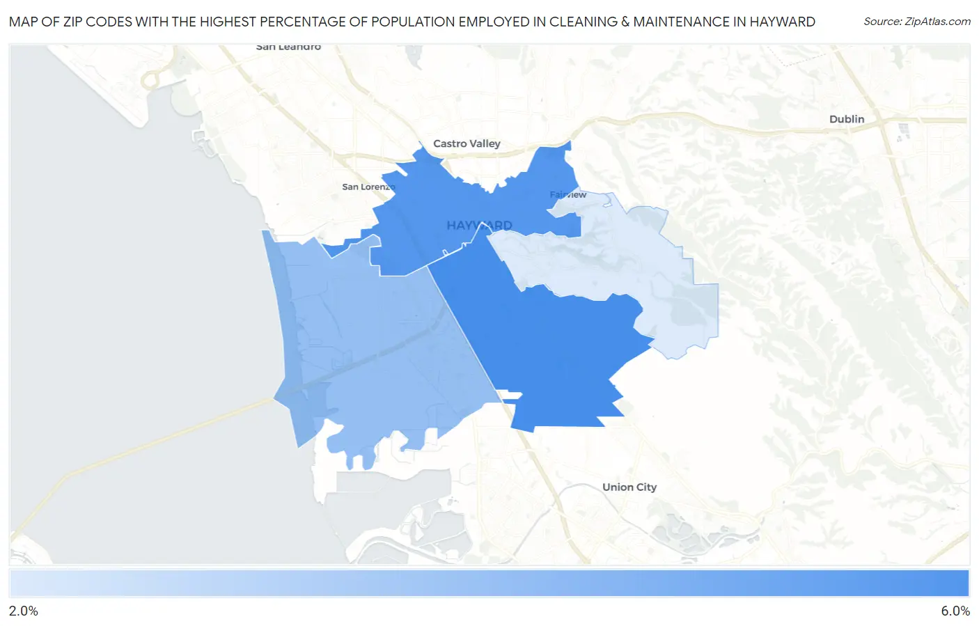Zip Codes with the Highest Percentage of Population Employed in Cleaning & Maintenance in Hayward Map