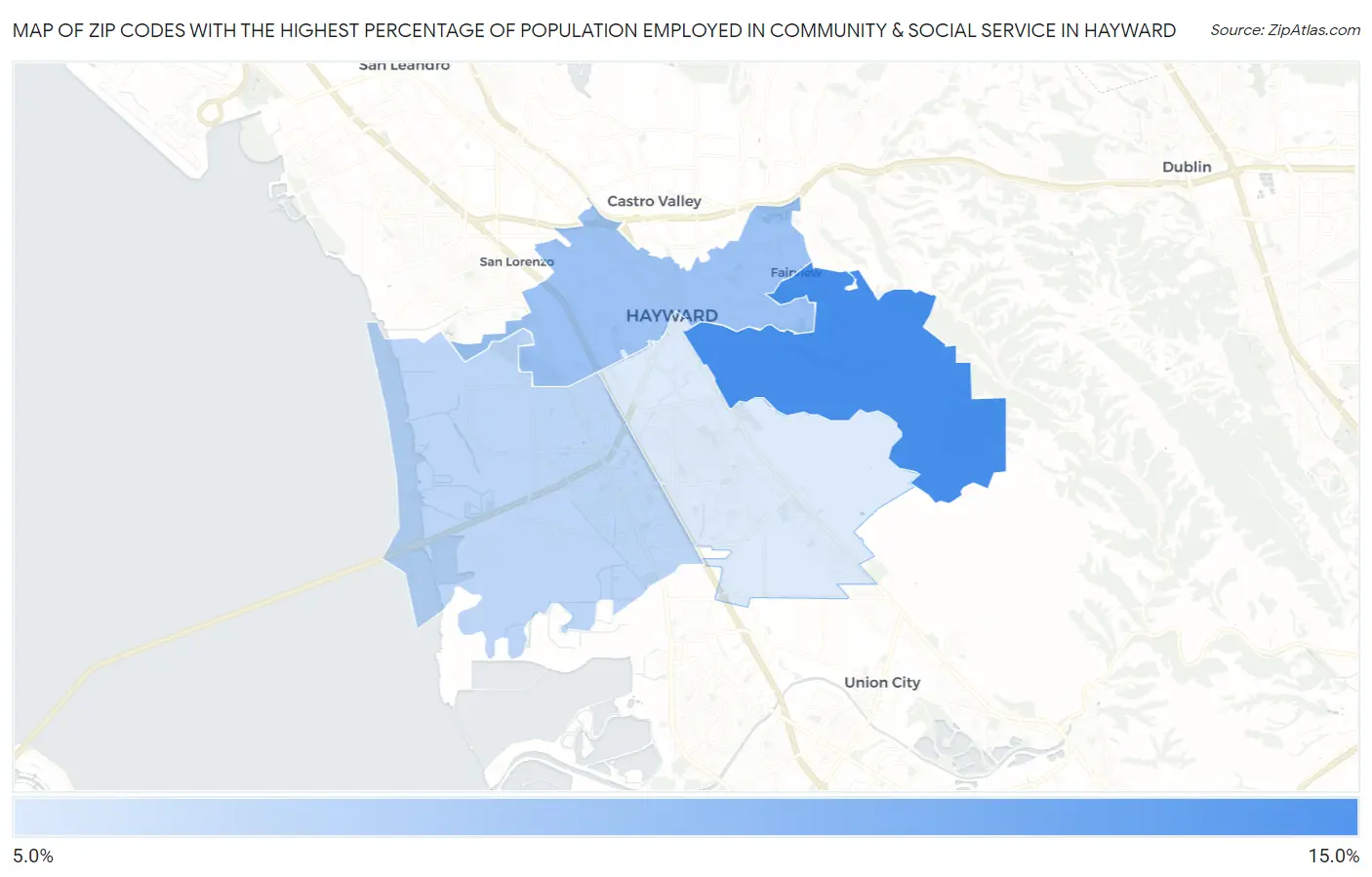 Zip Codes with the Highest Percentage of Population Employed in Community & Social Service  in Hayward Map