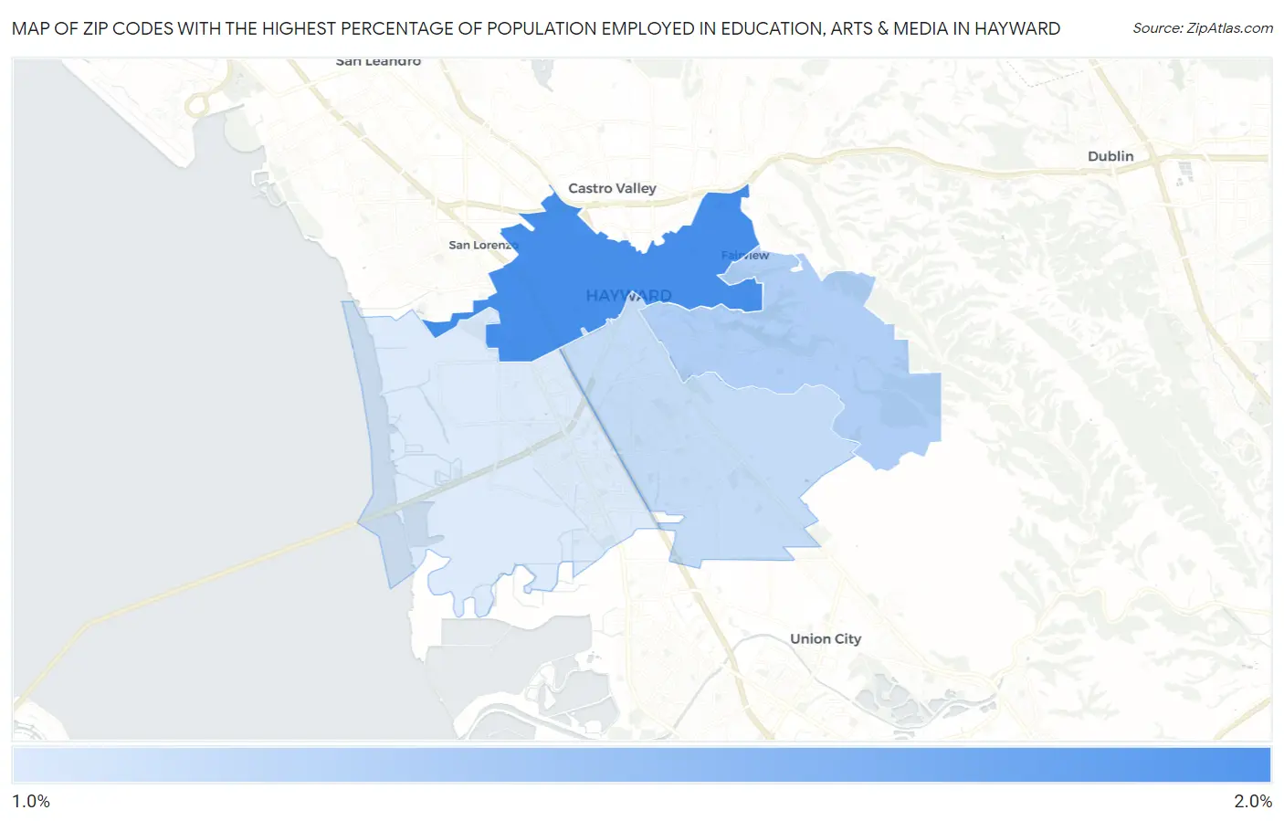 Zip Codes with the Highest Percentage of Population Employed in Education, Arts & Media in Hayward Map