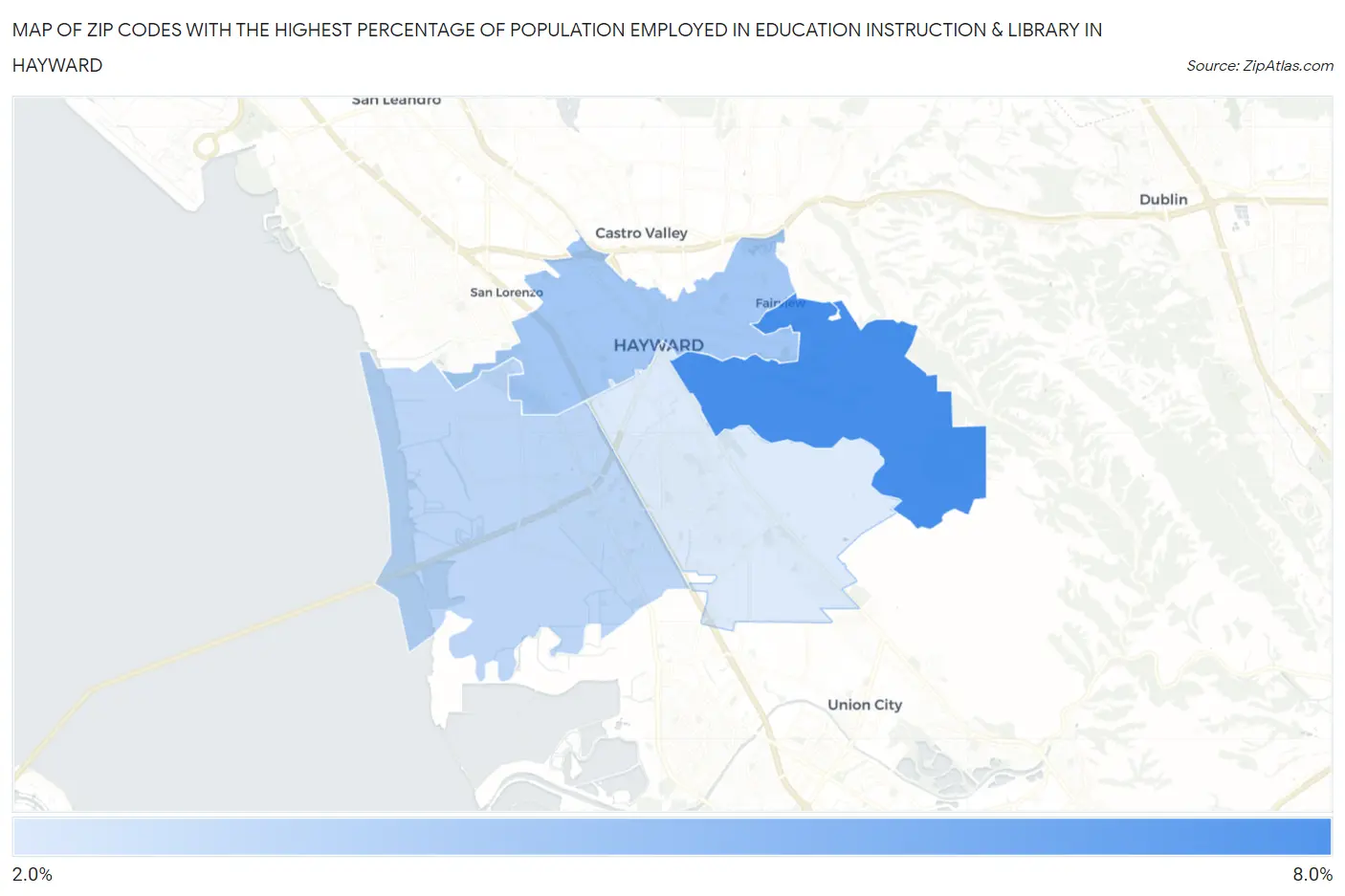 Zip Codes with the Highest Percentage of Population Employed in Education Instruction & Library in Hayward Map