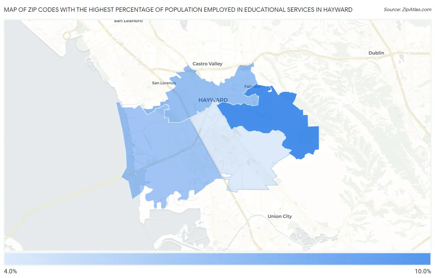 Zip Codes with the Highest Percentage of Population Employed in Educational Services in Hayward Map