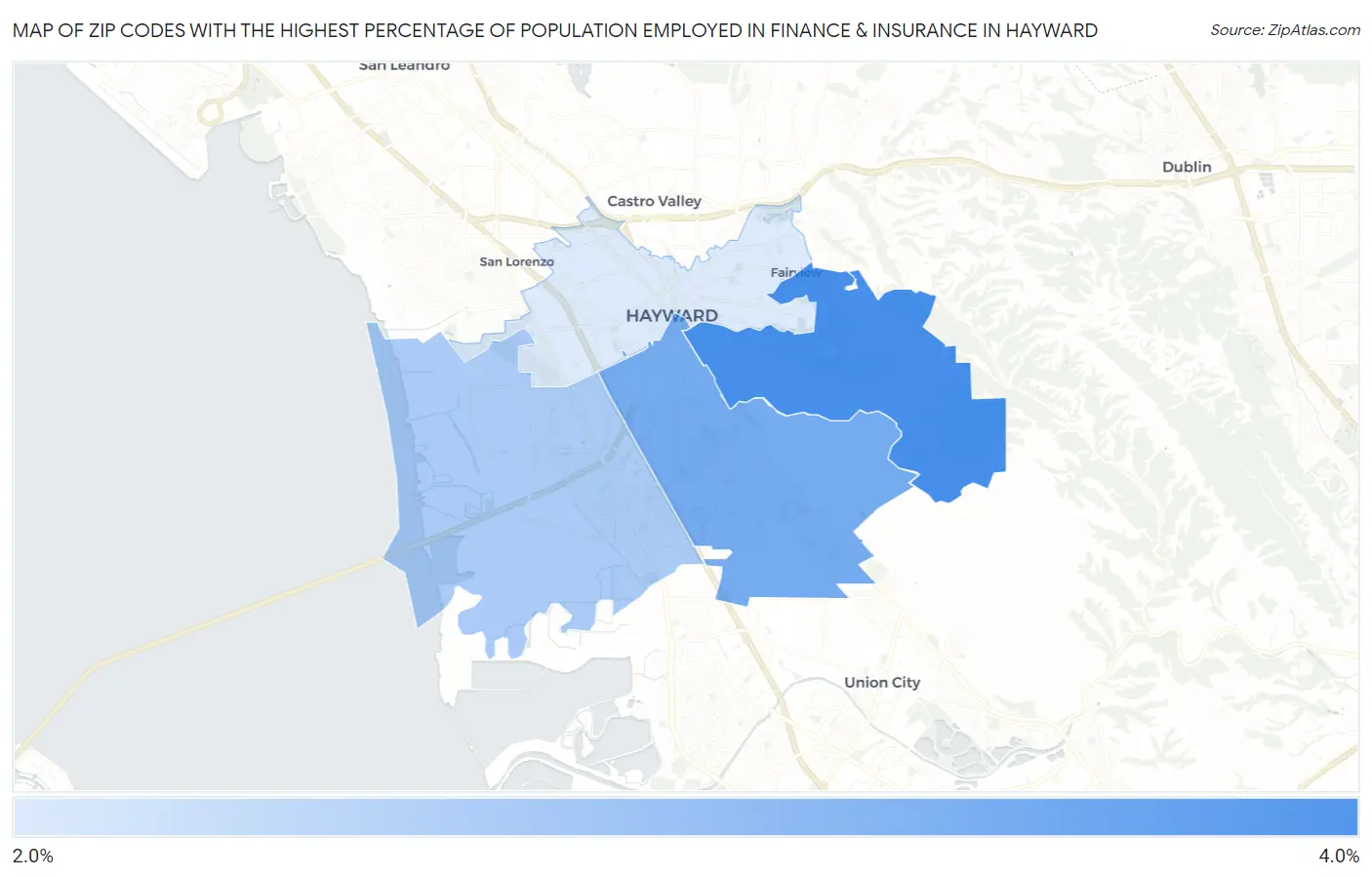 Zip Codes with the Highest Percentage of Population Employed in Finance & Insurance in Hayward Map
