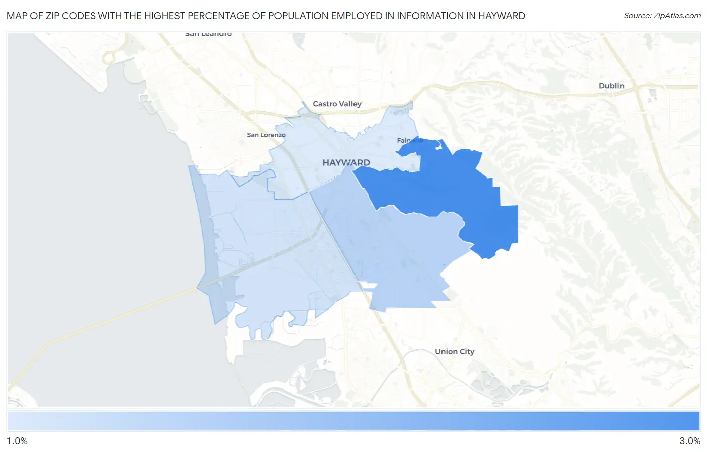 Zip Codes with the Highest Percentage of Population Employed in Information in Hayward Map