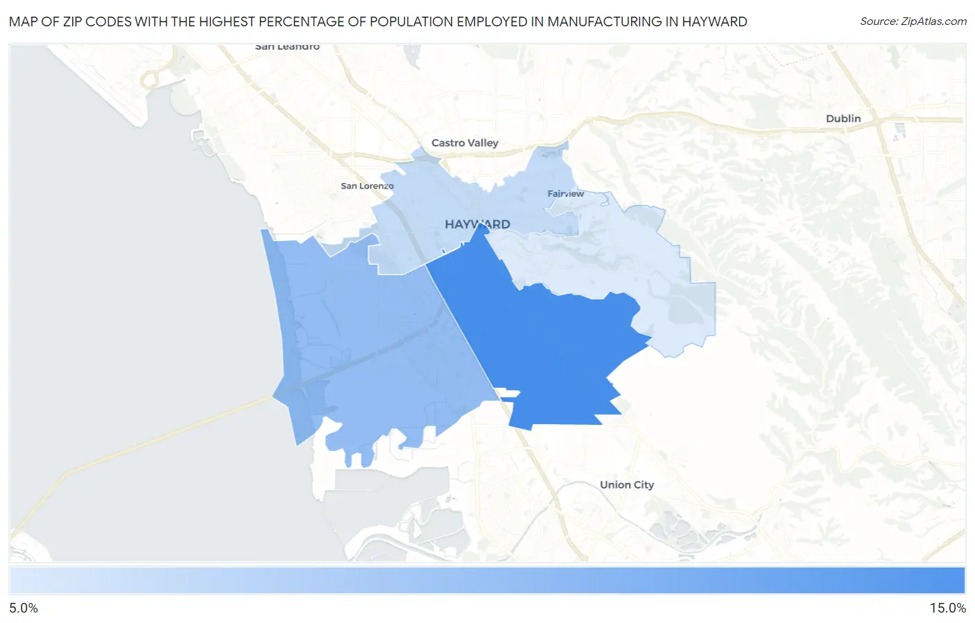 Zip Codes with the Highest Percentage of Population Employed in Manufacturing in Hayward Map