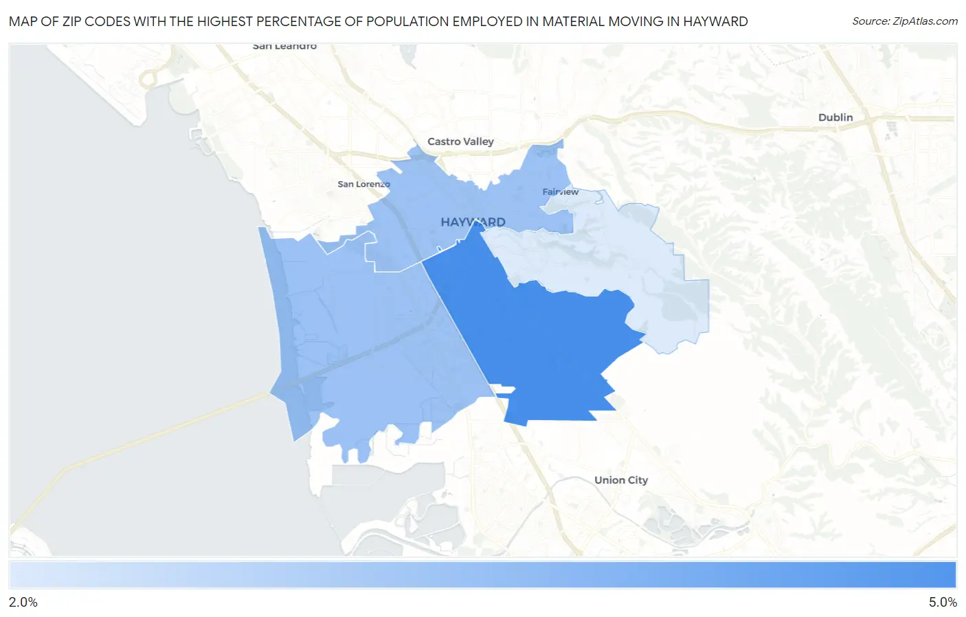 Zip Codes with the Highest Percentage of Population Employed in Material Moving in Hayward Map