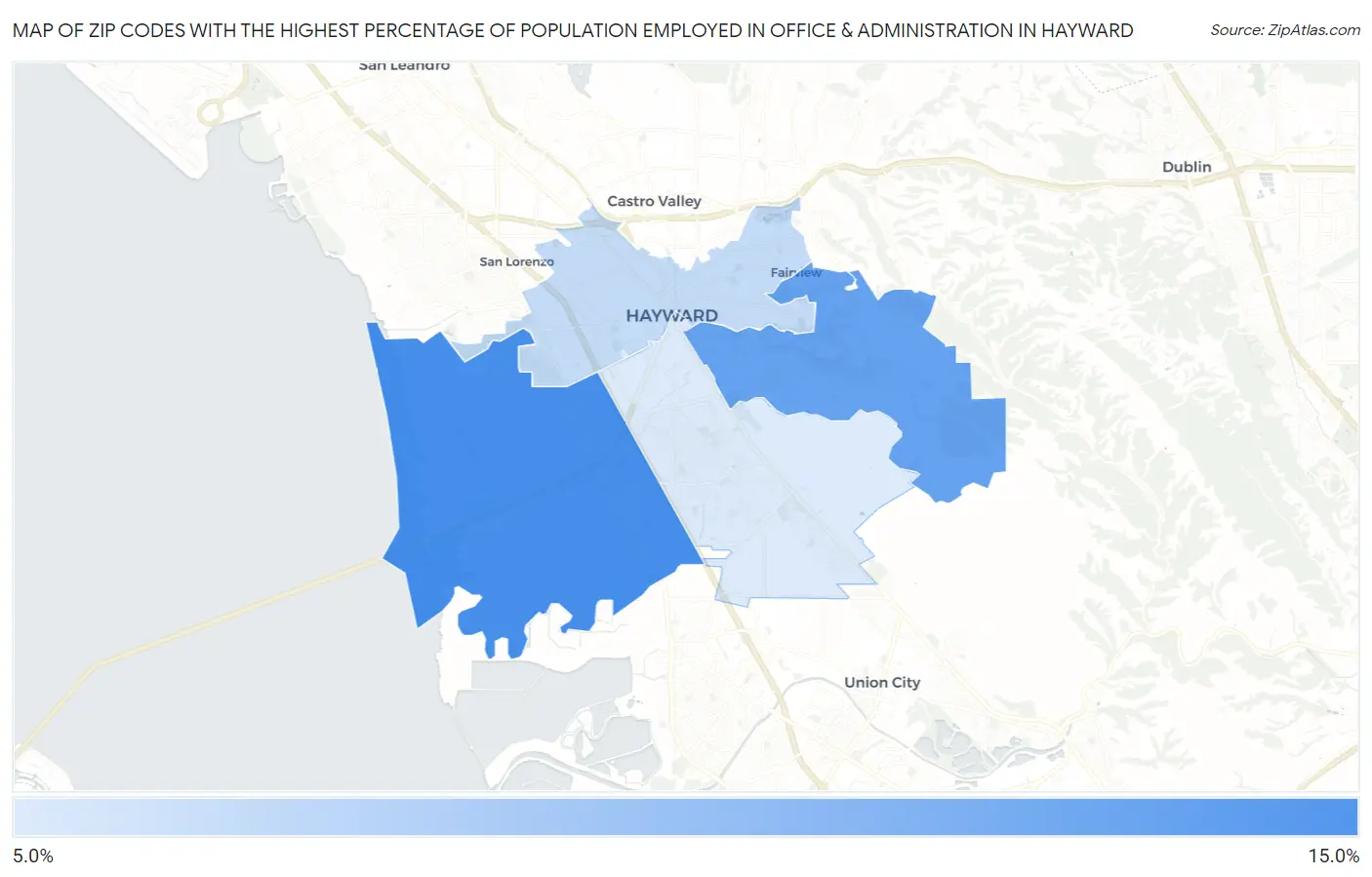 Zip Codes with the Highest Percentage of Population Employed in Office & Administration in Hayward Map