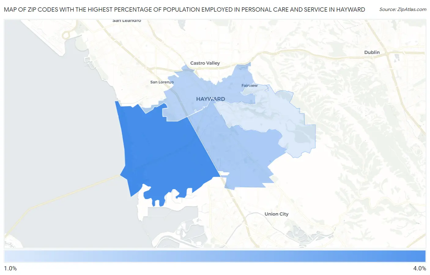 Zip Codes with the Highest Percentage of Population Employed in Personal Care and Service in Hayward Map