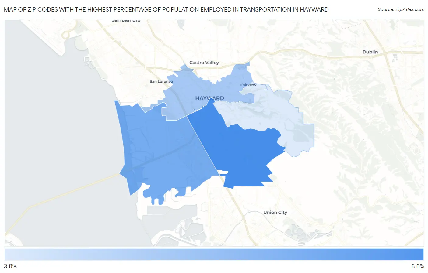 Zip Codes with the Highest Percentage of Population Employed in Transportation in Hayward Map