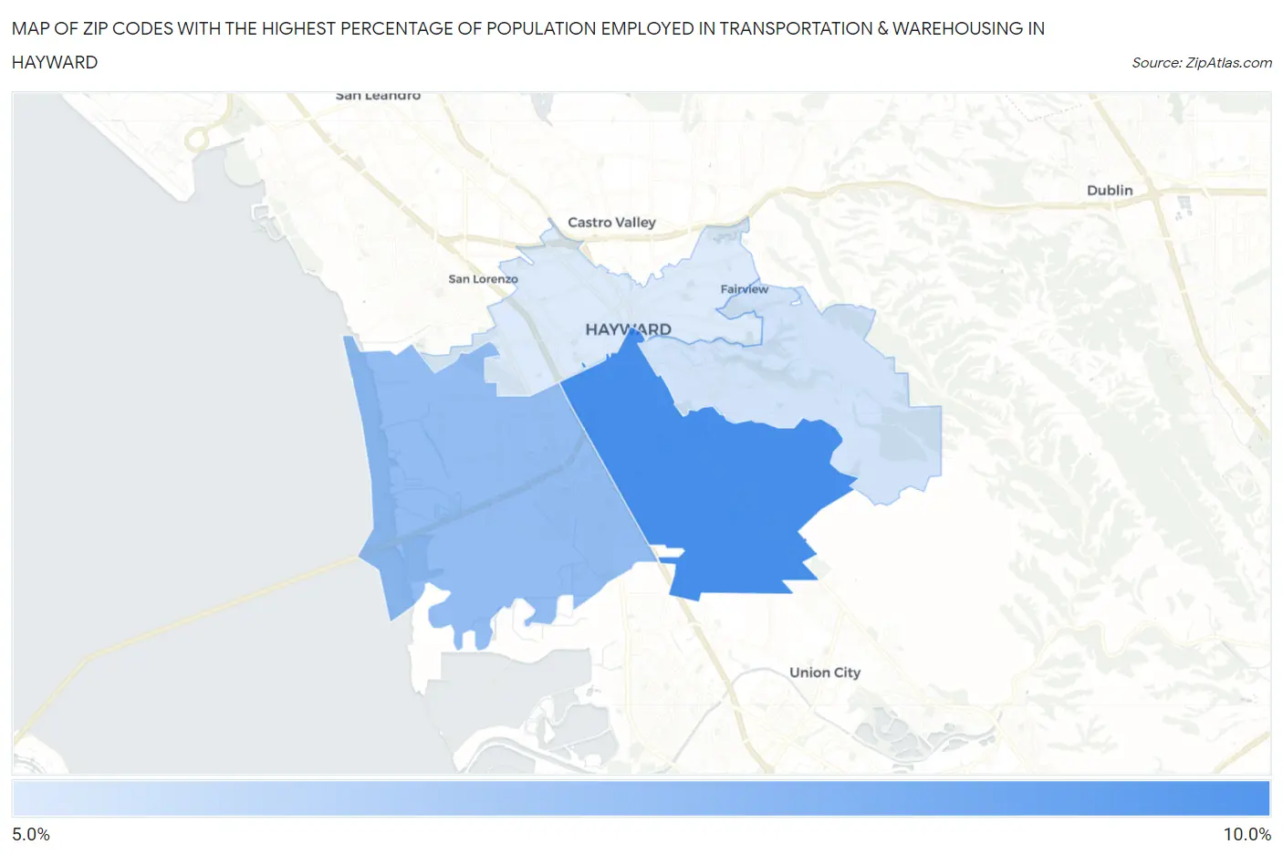 Zip Codes with the Highest Percentage of Population Employed in Transportation & Warehousing in Hayward Map