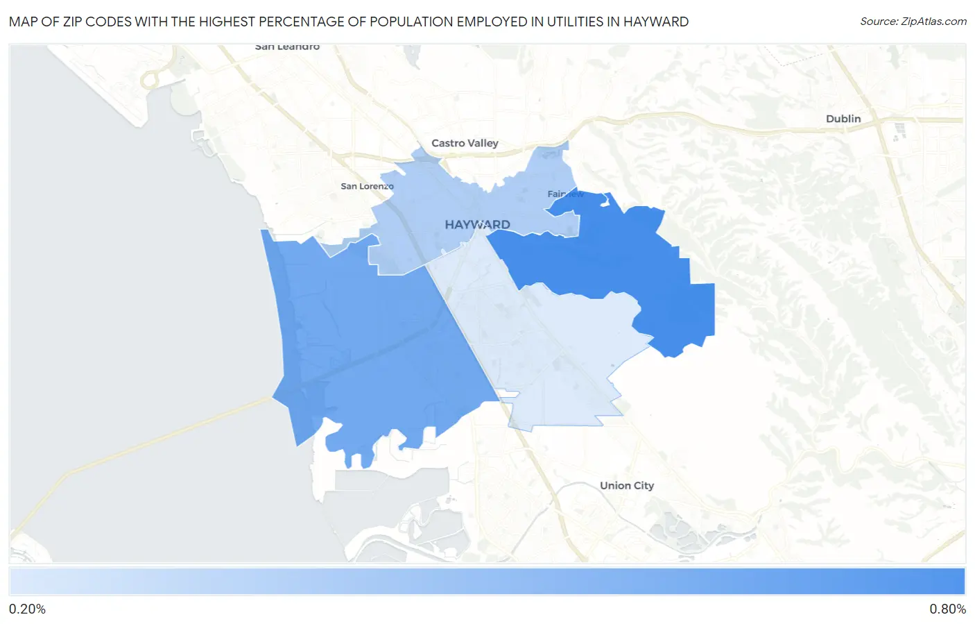Zip Codes with the Highest Percentage of Population Employed in Utilities in Hayward Map