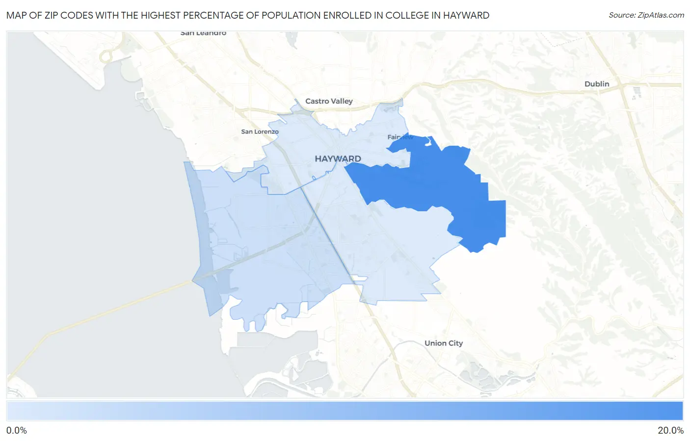 Zip Codes with the Highest Percentage of Population Enrolled in College in Hayward Map