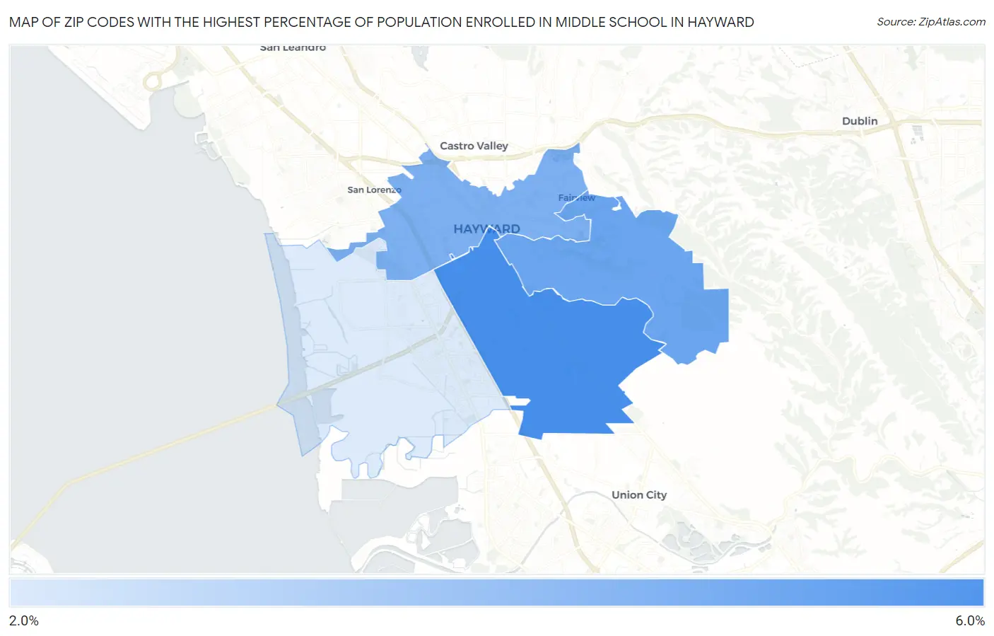 Zip Codes with the Highest Percentage of Population Enrolled in Middle School in Hayward Map