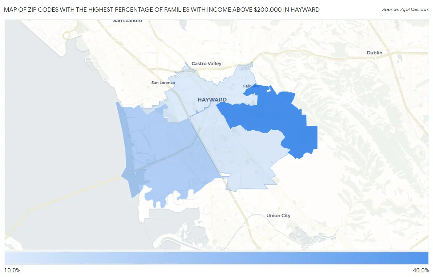 Zip Codes with the Highest Percentage of Families with Income Above $200,000 in Hayward Map