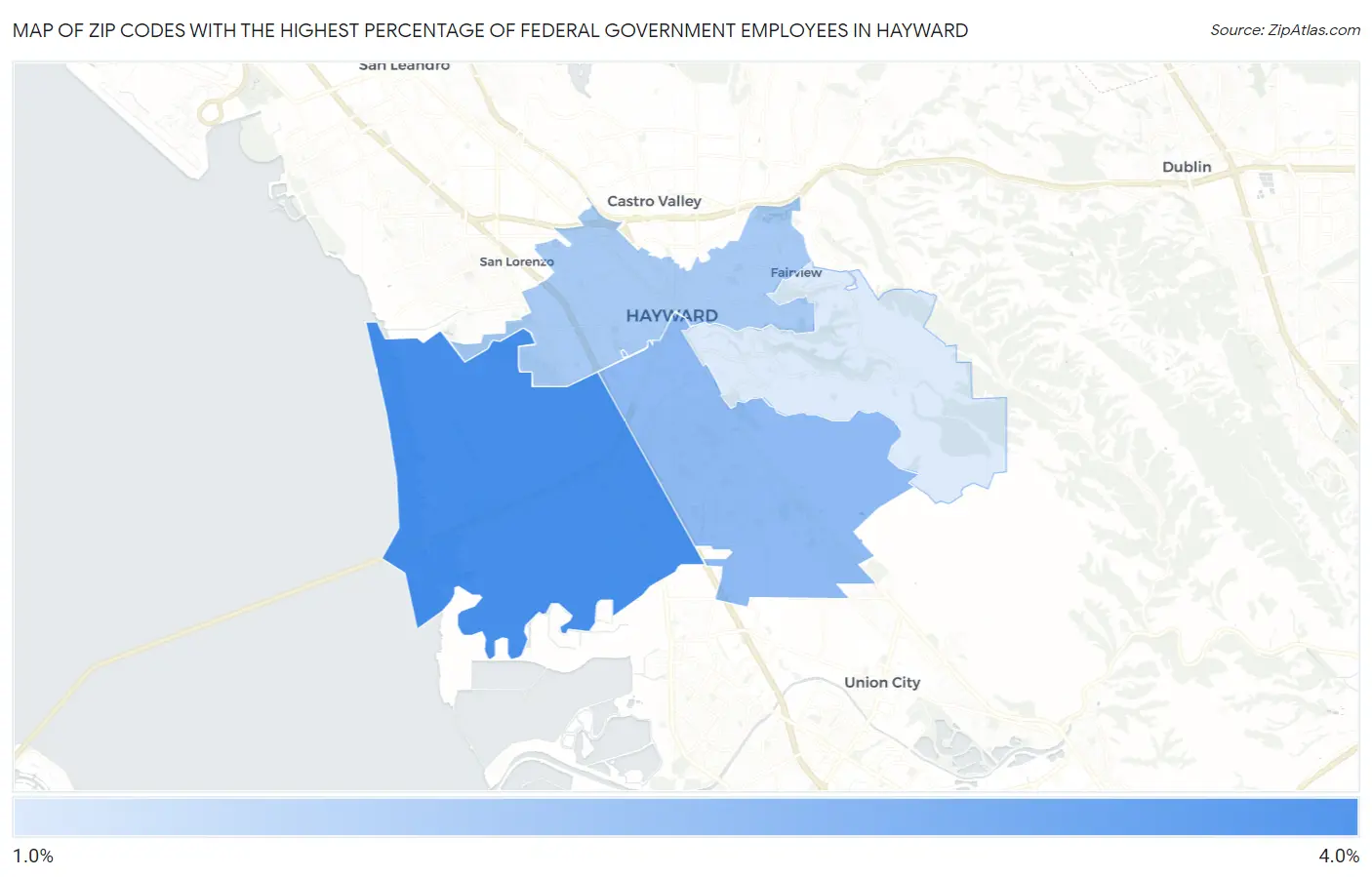 Zip Codes with the Highest Percentage of Federal Government Employees in Hayward Map
