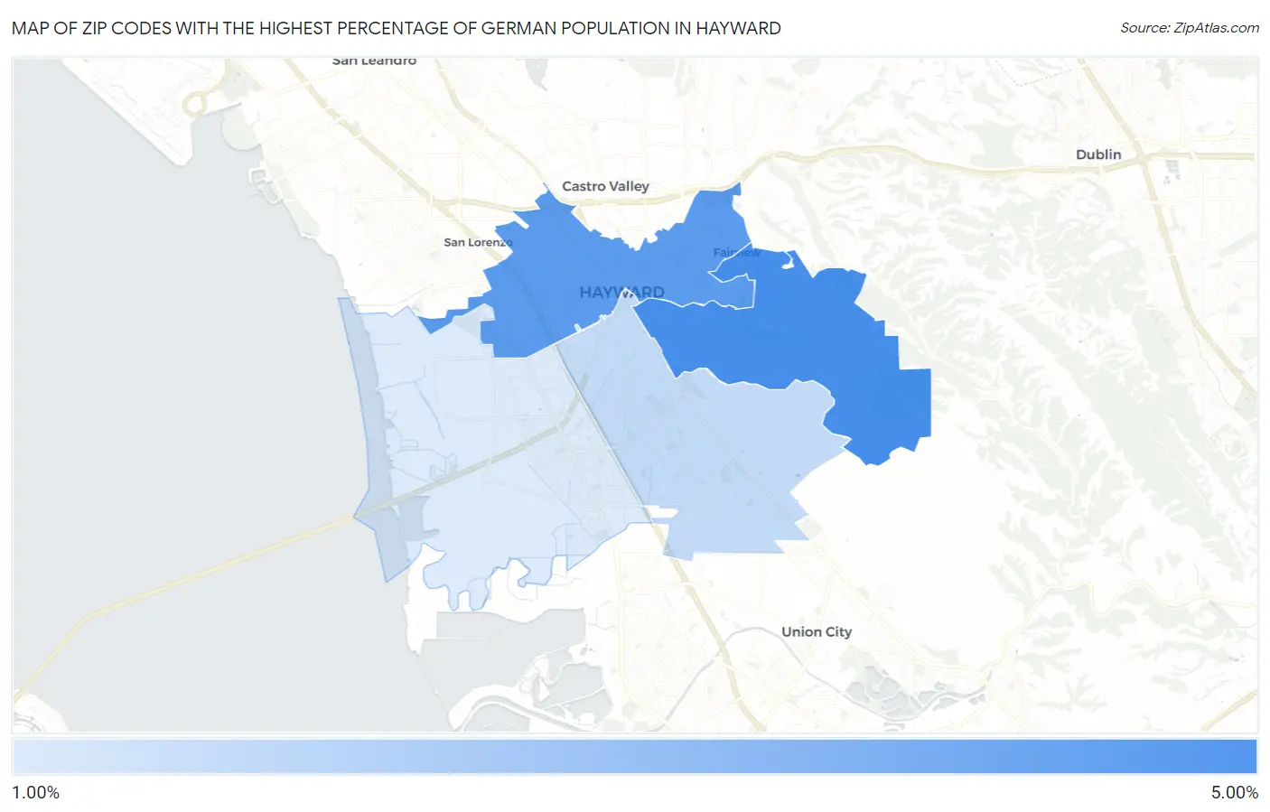 Zip Codes with the Highest Percentage of German Population in Hayward Map