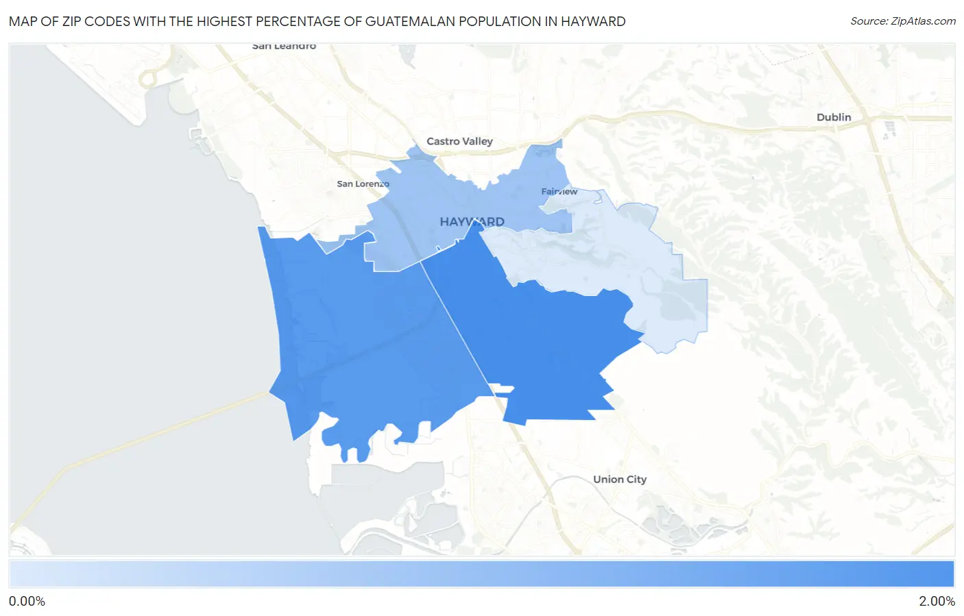 Zip Codes with the Highest Percentage of Guatemalan Population in Hayward Map