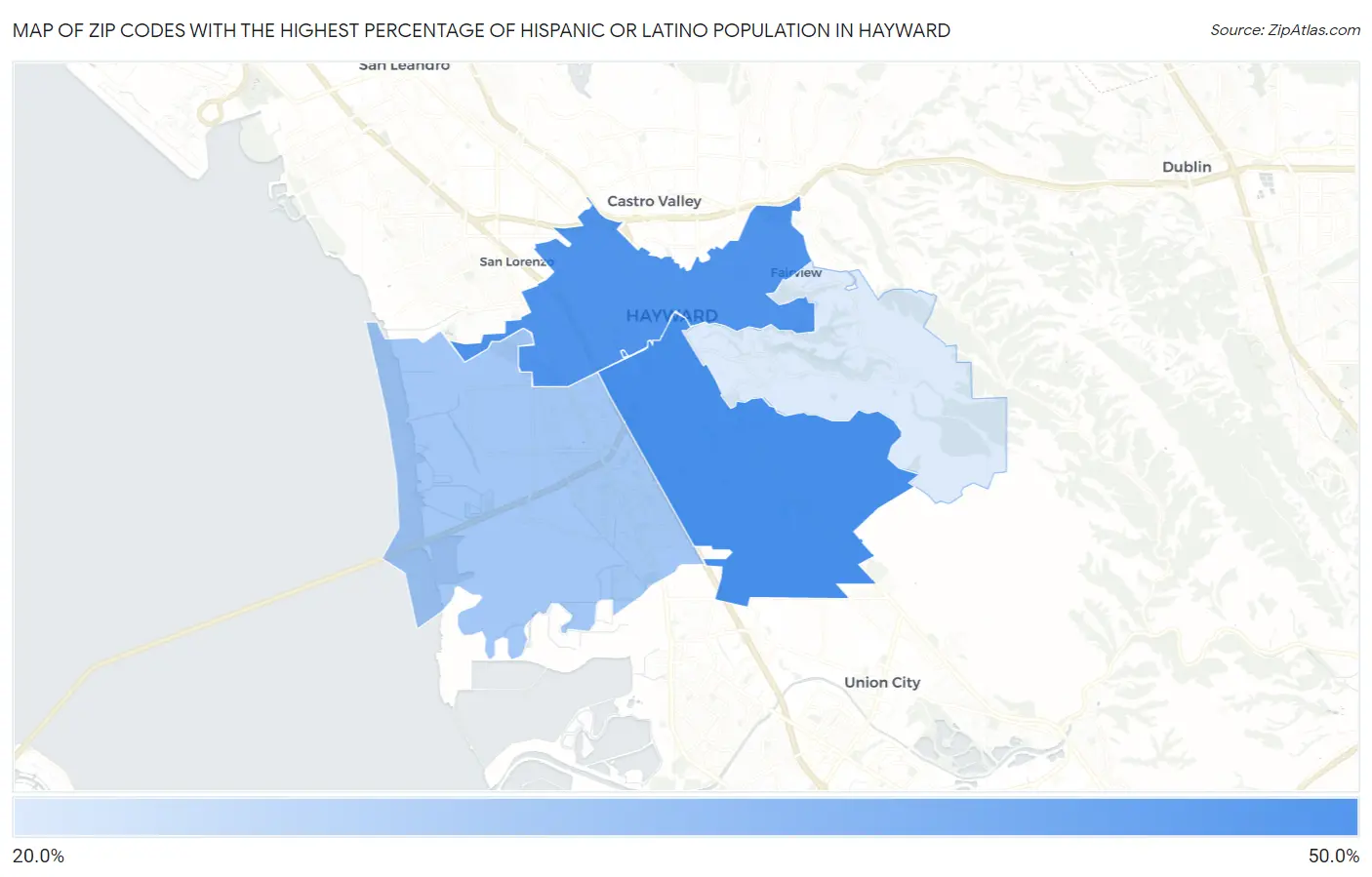 Zip Codes with the Highest Percentage of Hispanic or Latino Population in Hayward Map