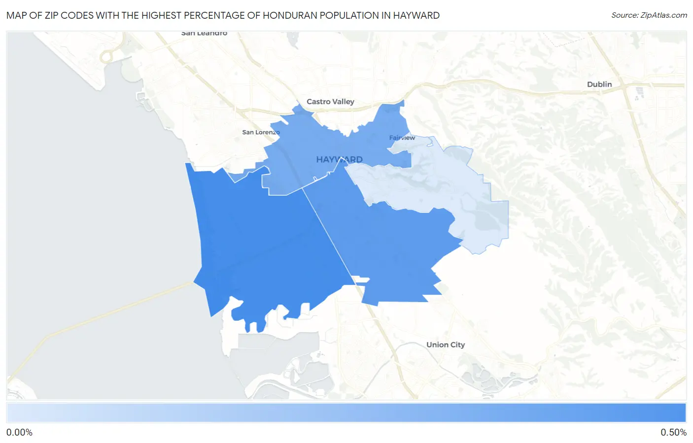 Zip Codes with the Highest Percentage of Honduran Population in Hayward Map