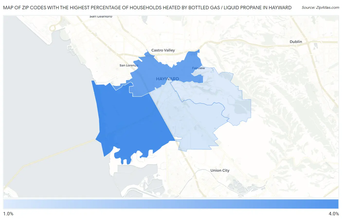Zip Codes with the Highest Percentage of Households Heated by Bottled Gas / Liquid Propane in Hayward Map