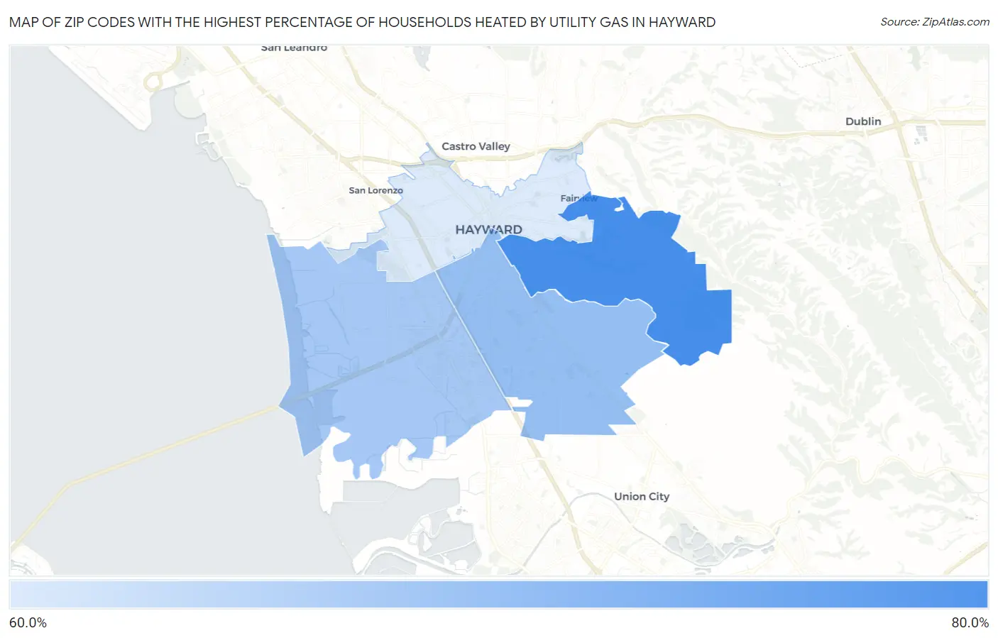 Zip Codes with the Highest Percentage of Households Heated by Utility Gas in Hayward Map
