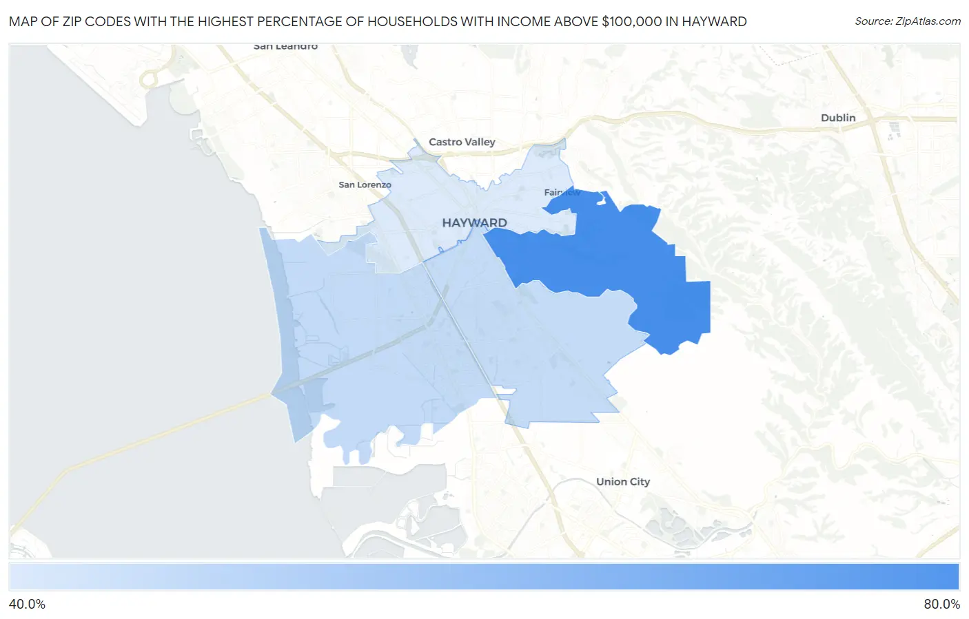 Zip Codes with the Highest Percentage of Households with Income Above $100,000 in Hayward Map