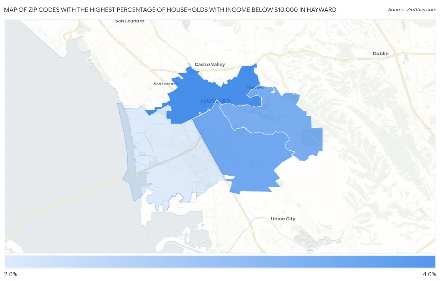 Zip Codes with the Highest Percentage of Households with Income Below $10,000 in Hayward Map