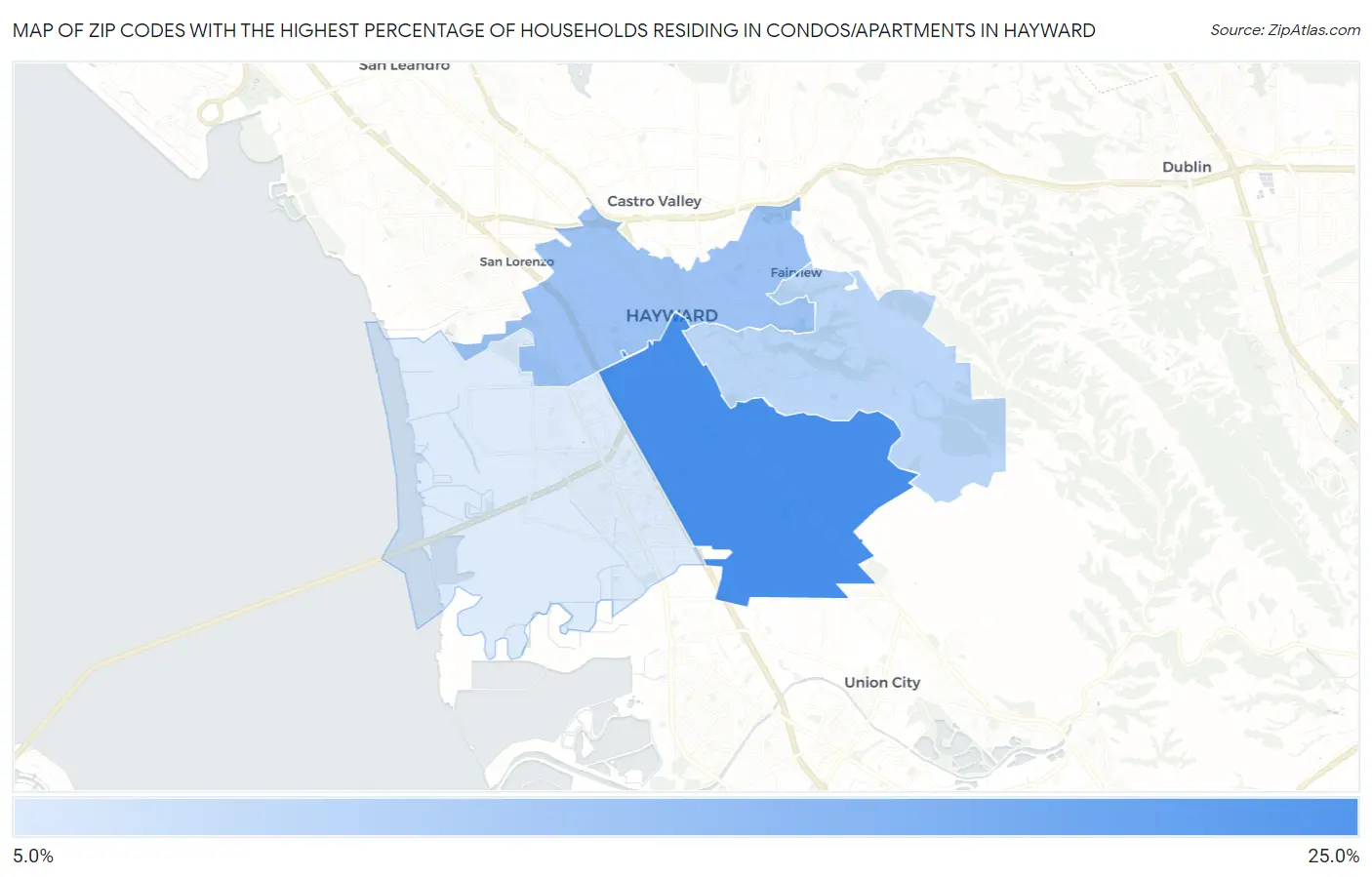 Zip Codes with the Highest Percentage of Households Residing in Condos/Apartments in Hayward Map