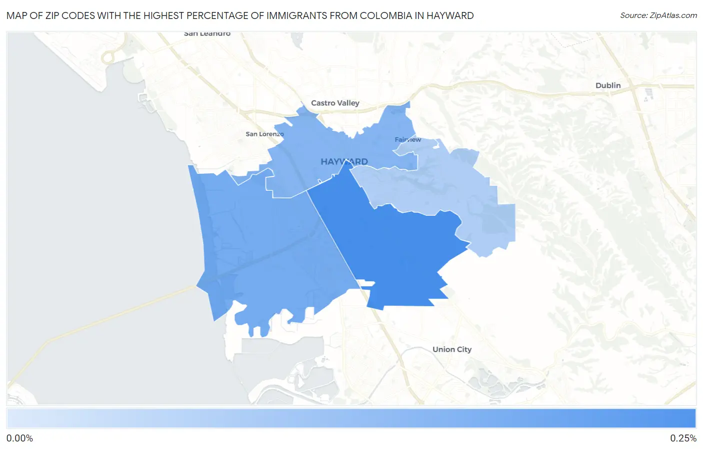 Zip Codes with the Highest Percentage of Immigrants from Colombia in Hayward Map