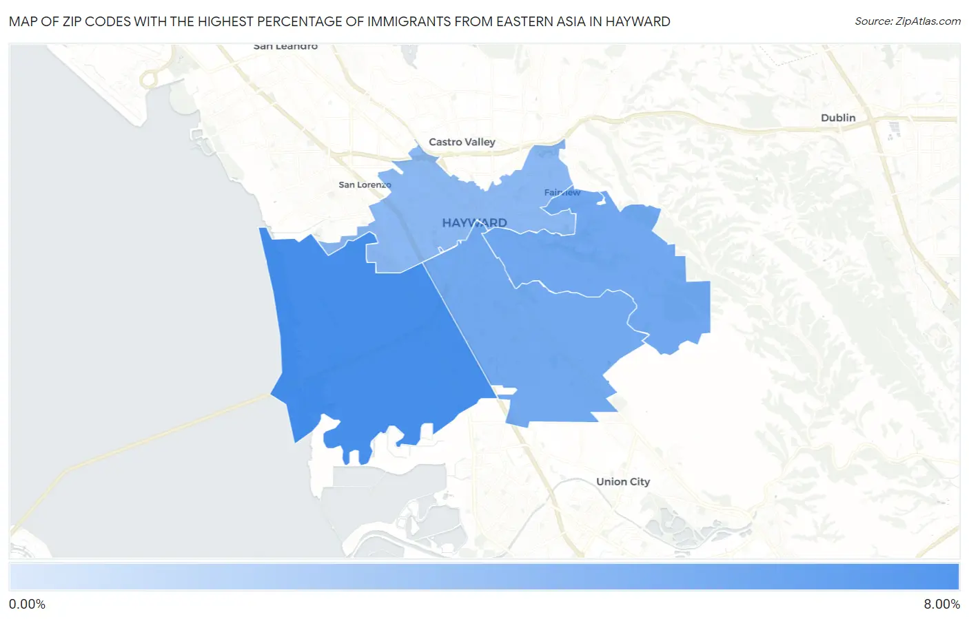 Zip Codes with the Highest Percentage of Immigrants from Eastern Asia in Hayward Map