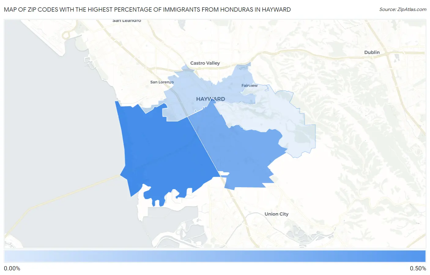 Zip Codes with the Highest Percentage of Immigrants from Honduras in Hayward Map